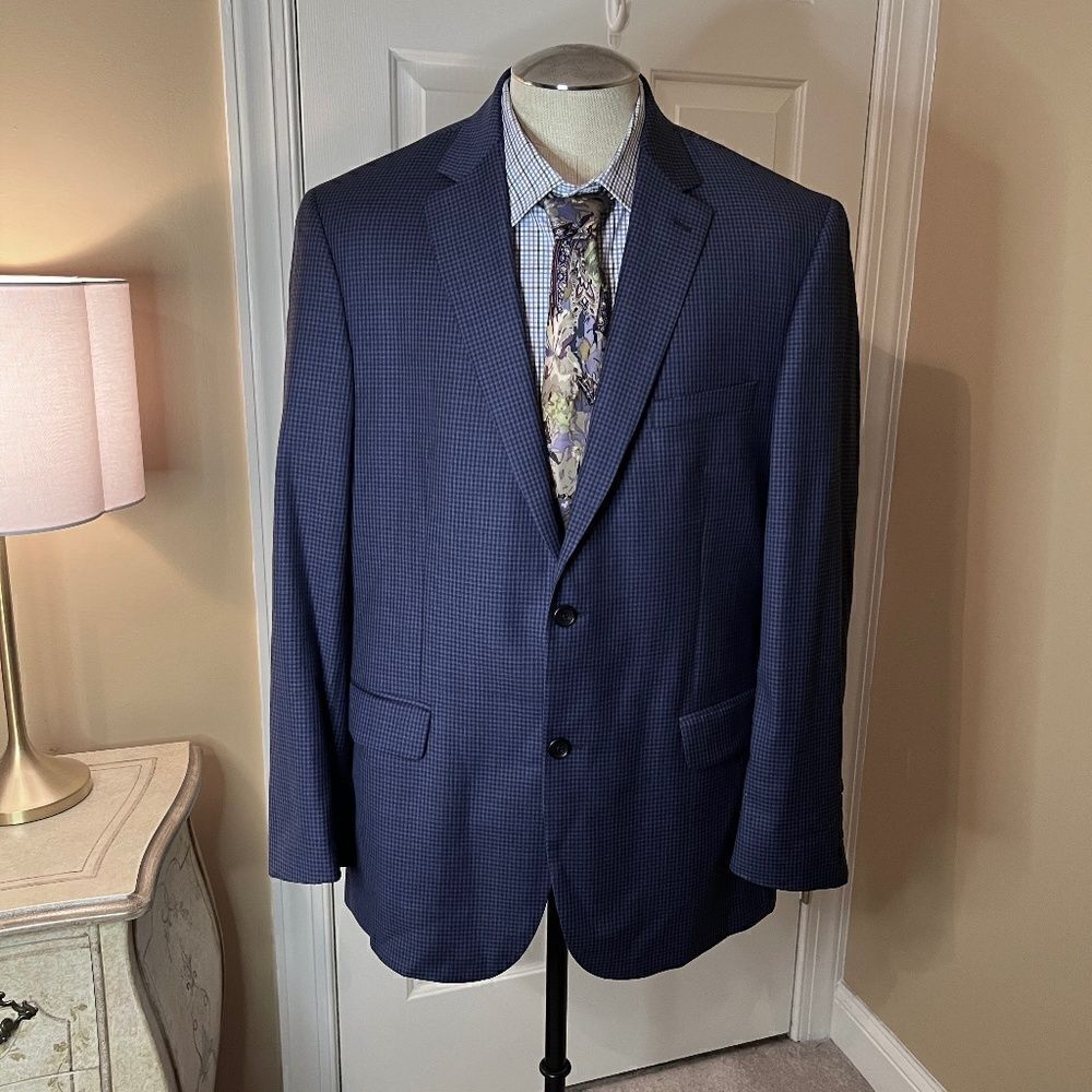 EUC Men's Jos. A. Bank Navy Gingham Check Sport Coat Blazer Jacket 44L 44 Long